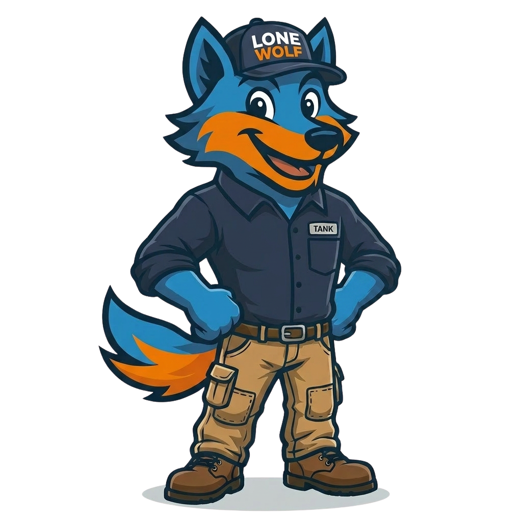 Lone Wolf mascot — friendly septic professional