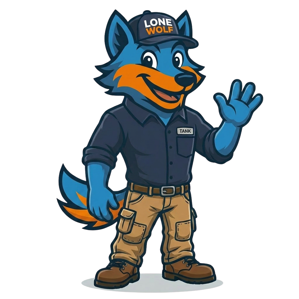 Tank the Lone Wolf mascot waving